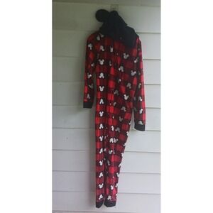 Disney 100 Mickey Mouse Buffalo Plaid Hooded One‎ Piece Pajamas Costume Unisex M